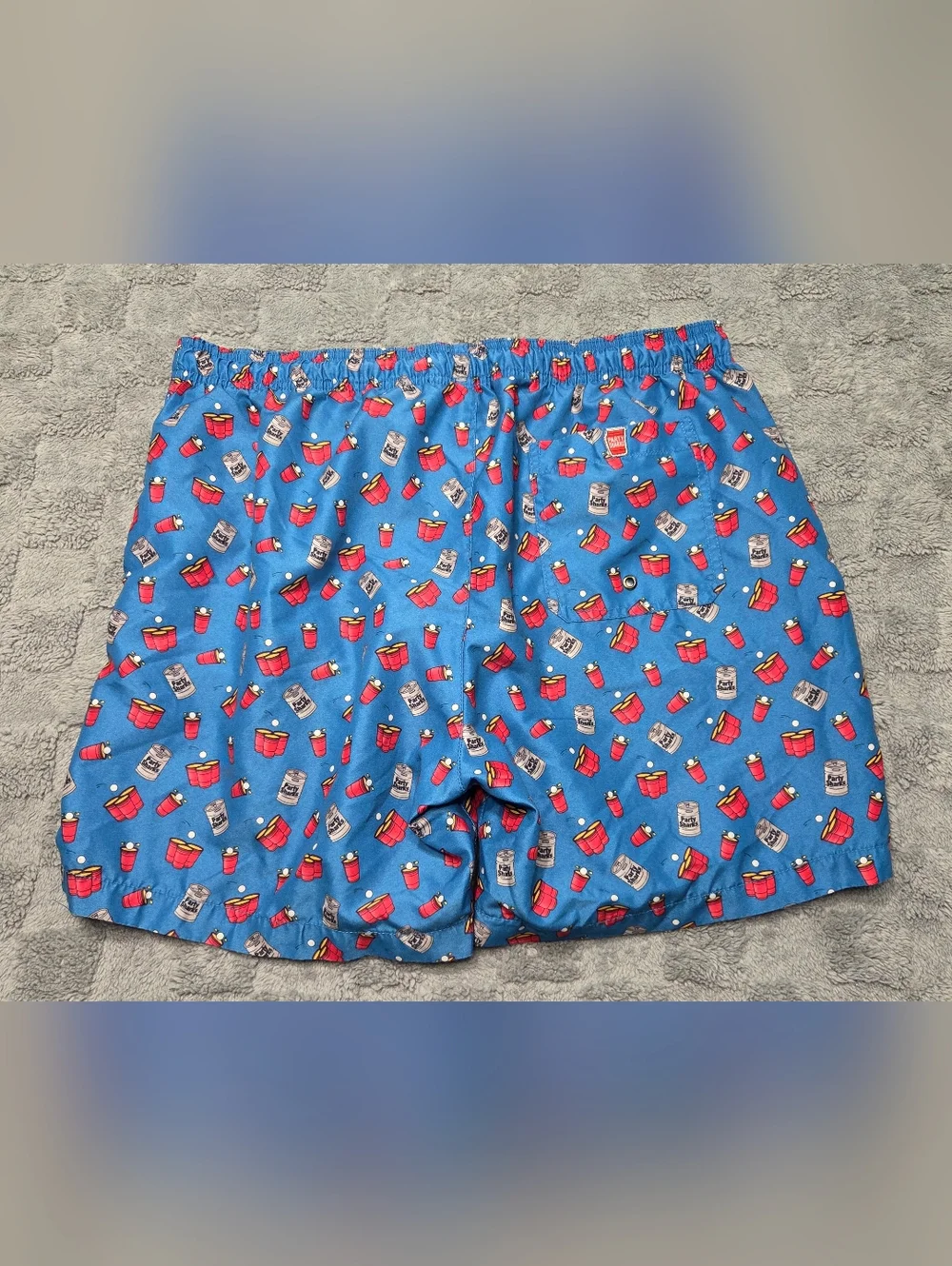 Party Sharks Swim Trunks Men's Blue Printed Swim Trunks with Fun Red Cup Pattern - Picture 2 of 9